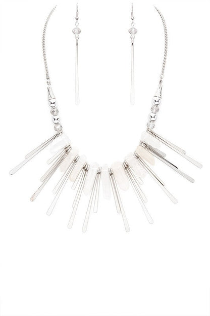 Quartz Metal Bar Statement Necklace Set Silver/White O/S by LA Jewelry Plaza | Fleurcouture