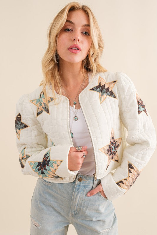 Quilted Multi Star Padded Western Jacket Off White S by Blue B | Fleurcouture