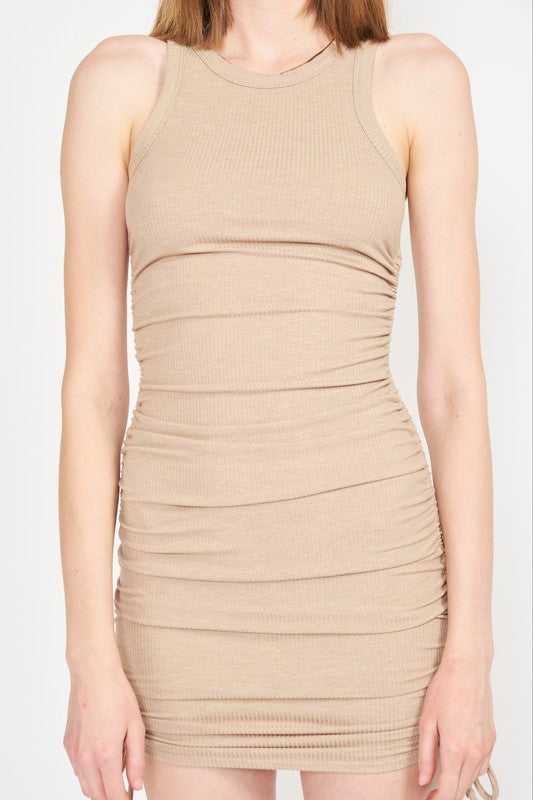 RACER NECK RUCHED MINI DRESS TAUPE by Emory Park | Fleurcouture