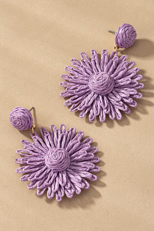 Raffia straw flower drop earrings Purple one size by LA3accessories | Fleurcouture