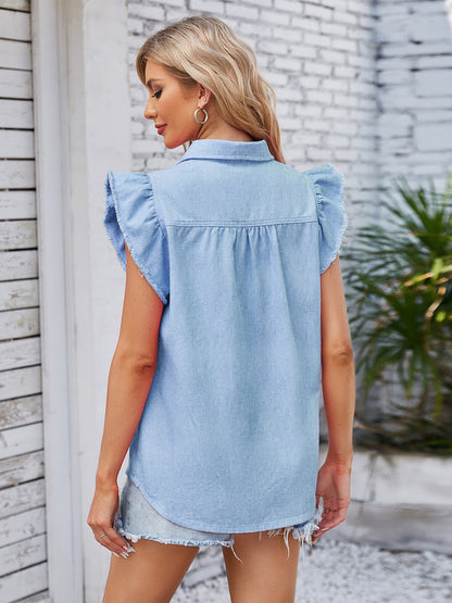 Raw Hem Ruffled Cap Sleeve Denim Top Tops by Trendsi | Fleurcouture