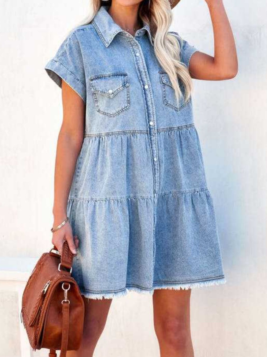 Raw Hem Short Sleeve Denim Dress Light Blue S Women&