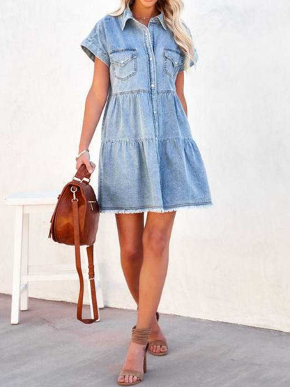 Raw Hem Short Sleeve Denim Dress Light Blue Women&