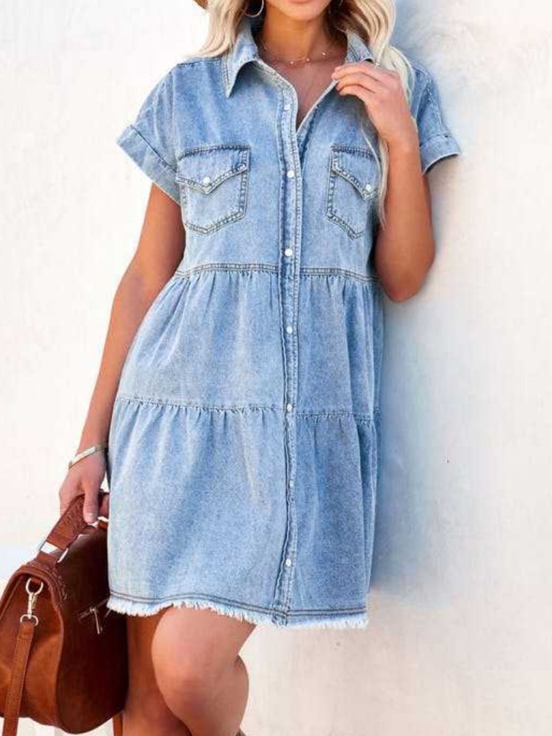 Raw Hem Short Sleeve Denim Dress Light Blue Women&