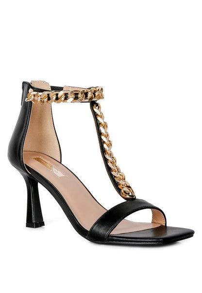 Real Gem T Strap Chain Detail Mid Heel Sandals Black 5 by Rag Company | Fleurcouture