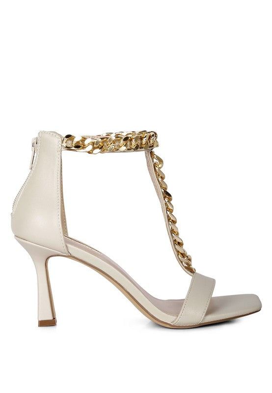 Real Gem T Strap Chain Detail Mid Heel Sandals by Rag Company | Fleurcouture