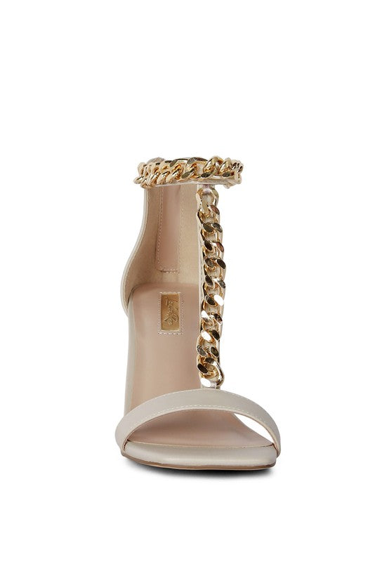 Real Gem T Strap Chain Detail Mid Heel Sandals by Rag Company | Fleurcouture