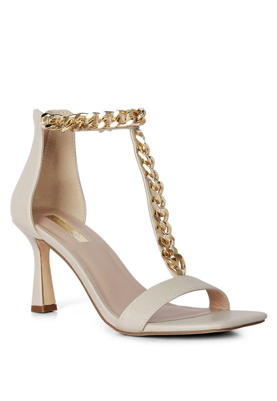 Real Gem T Strap Chain Detail Mid Heel Sandals Taupe 5 by Rag Company | Fleurcouture