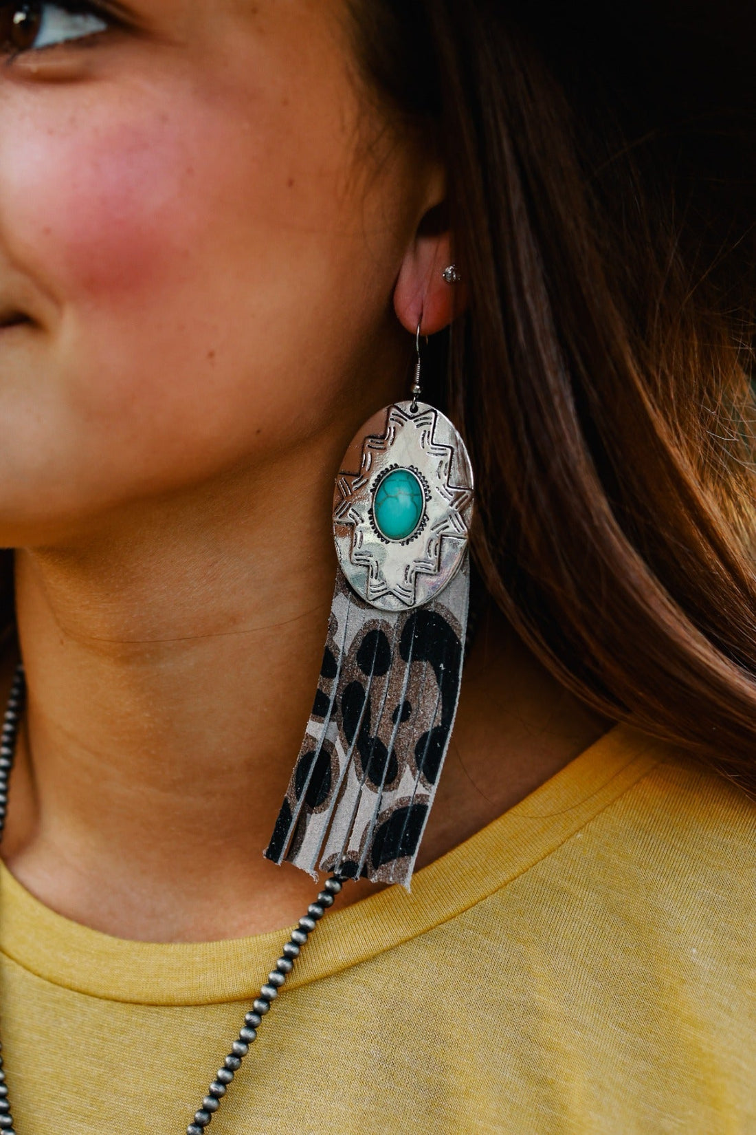 REBEL LIKE REBA TURQUOISE CONCHO WITH GREY LEOPARD FRINGE EARRINGS Grey One Size Earrings by Southern Grace | Fleurcouture