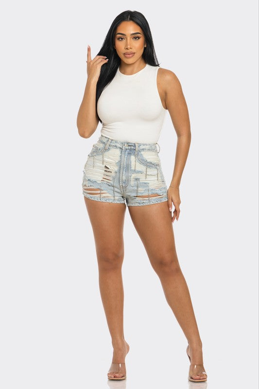 Rebel Spirit Distressed Denim Shorts DENIM by Athina | Fleurcouture