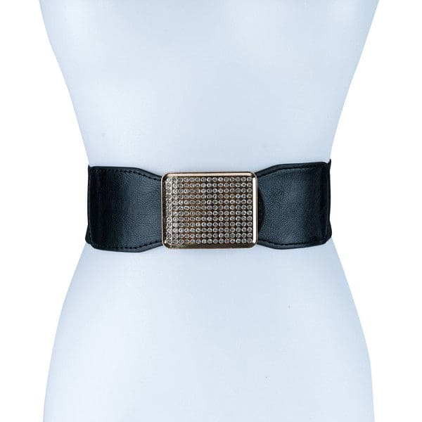 RECTANGLE RHINESTONED SMOCKED LEATHER BELT BKBK/BLACK Os by Bella Chic | Fleurcouture