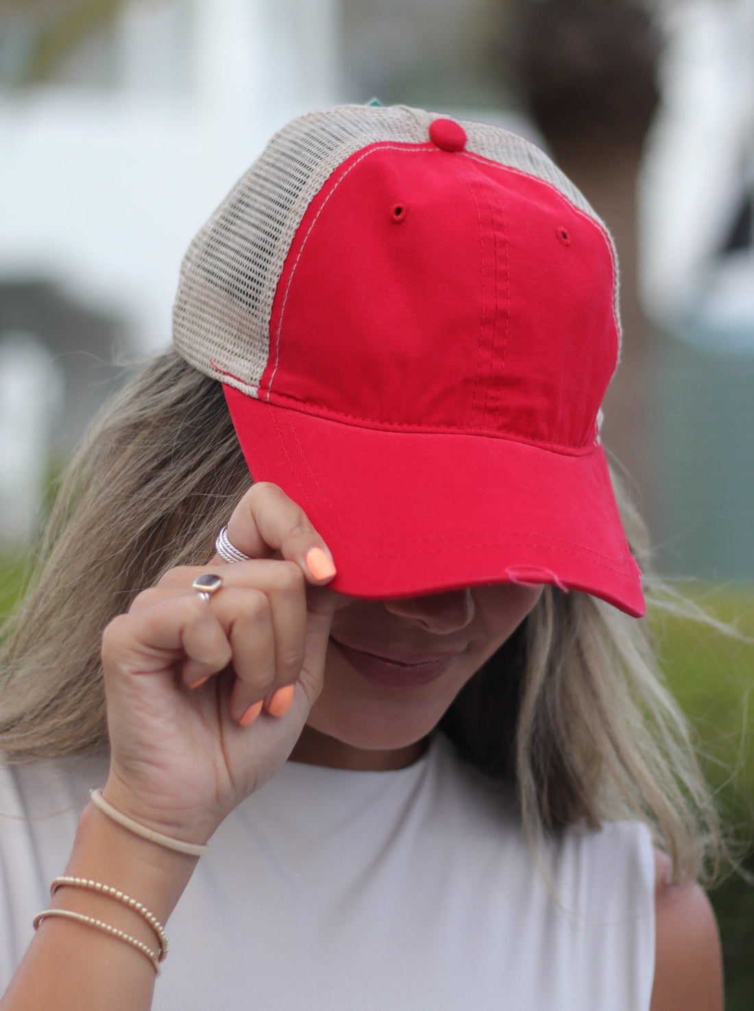 Red High Ponytail Hat with Beige Mesh Red One Size Hats & Headwear by Custom | Fleurcouture