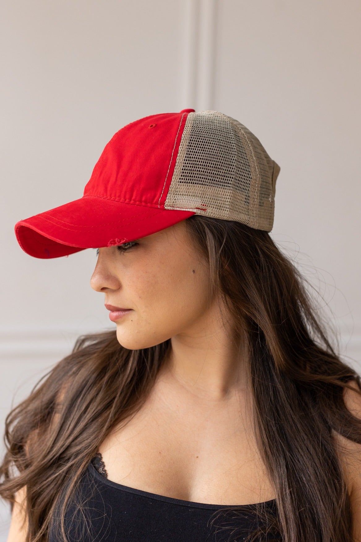 Red High Ponytail Hat with Beige Mesh Red One Size Hats &amp; Headwear by Custom | Fleurcouture