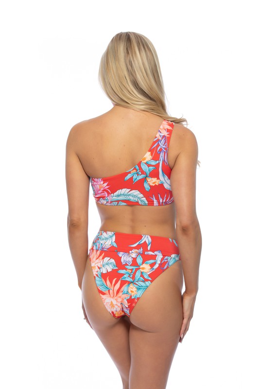 RED TROPICAL RING ACCENT ONE SHOULDER BIKINI SET Red Tropical Print by Beach Joy Bikini | Fleurcouture