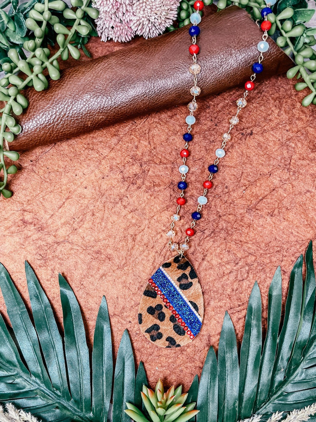 Red, White, and Roar Leopard Teardrop Necklace Leopard One Size Necklace by Southern Grace | Fleurcouture