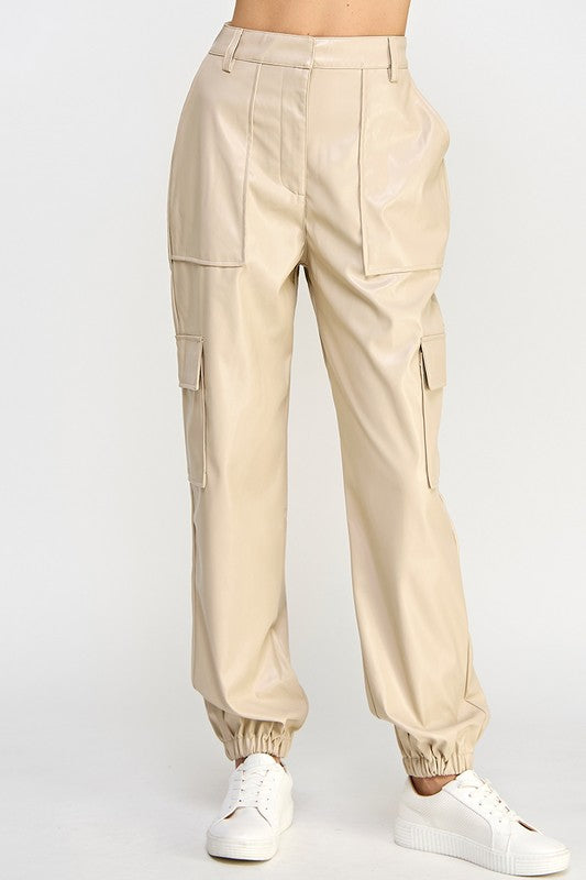 RELAXED VEGAN LEATHER CARGO PANTS Cream S by Sweet Generis | Fleurcouture