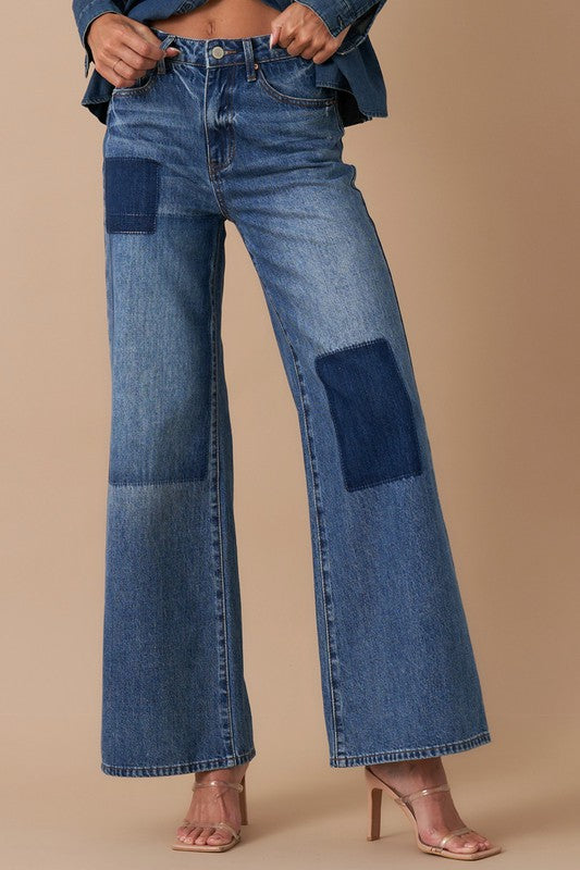 Relaxed Wide Leg Patchwork Jeans DARK VINTAGE 9 by Denim Lab USA | Fleurcouture