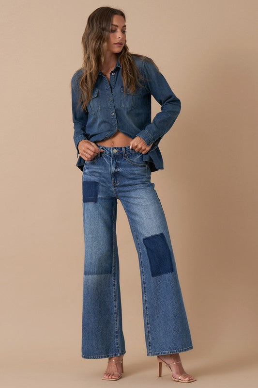 Relaxed Wide Leg Patchwork Jeans DARK VINTAGE by Denim Lab USA | Fleurcouture