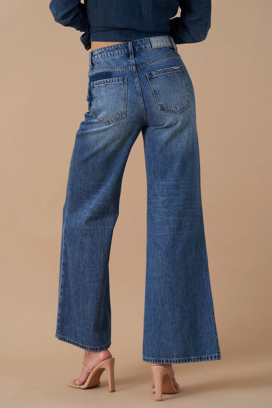 Relaxed Wide Leg Patchwork Jeans DARK VINTAGE by Denim Lab USA | Fleurcouture
