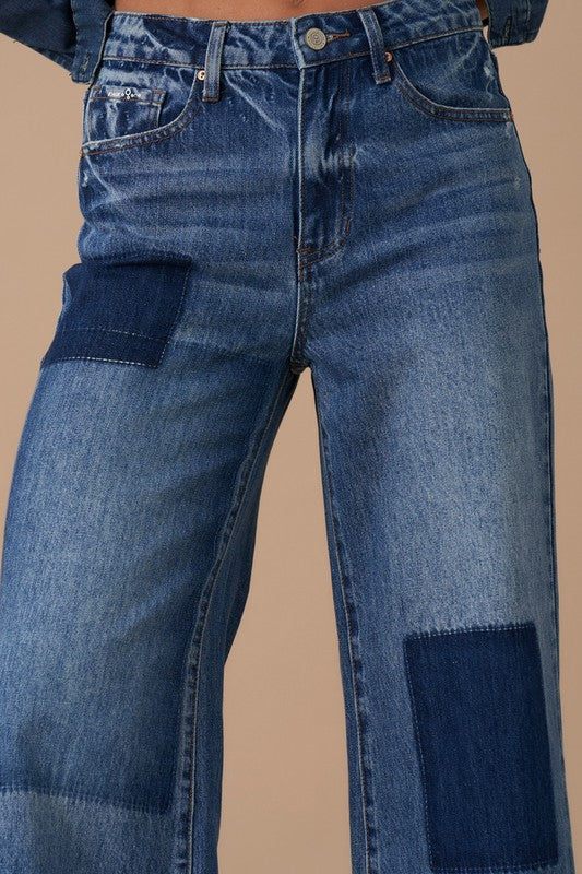 Relaxed Wide Leg Patchwork Jeans DARK VINTAGE by Denim Lab USA | Fleurcouture