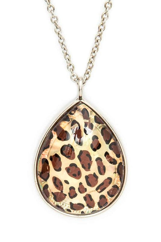 Resin Leopard Printed Drop Pendant Long Necklace Rhodium O/S by LA Jewelry Plaza | Fleurcouture