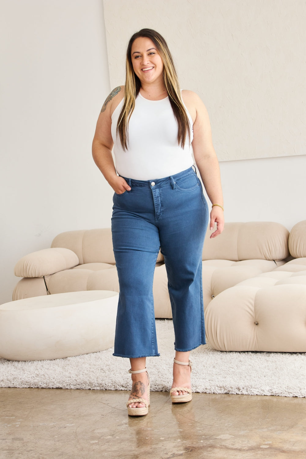 RFM Crop Chloe Full Size Tummy Control High Waist Raw Hem Jeans Blue Slate 23 Jeans by Trendsi | Fleurcouture