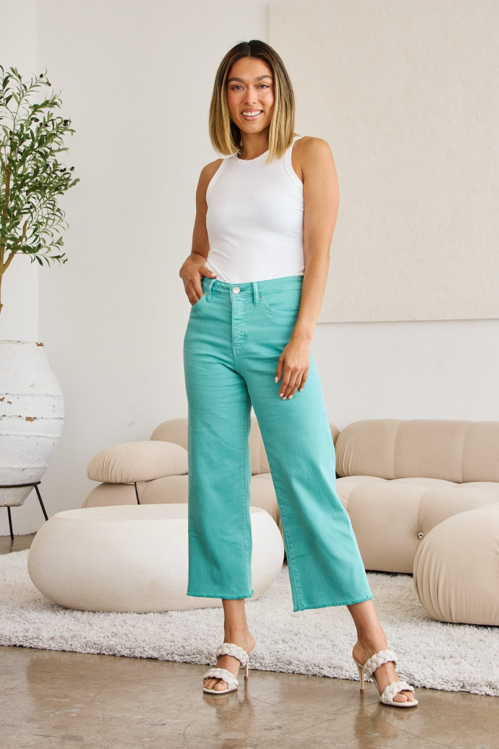 RFM Crop Chloe Full Size Tummy Control High Waist Raw Hem Jeans Island Green 23 Jeans by Trendsi | Fleurcouture