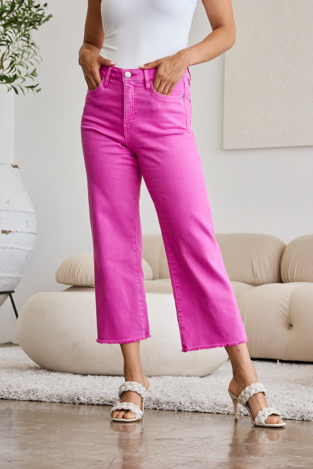 RFM Crop Dylan Full Size Tummy Control High Waist Raw Hem Jeans Pink Rouge by Trendsi | Fleurcouture