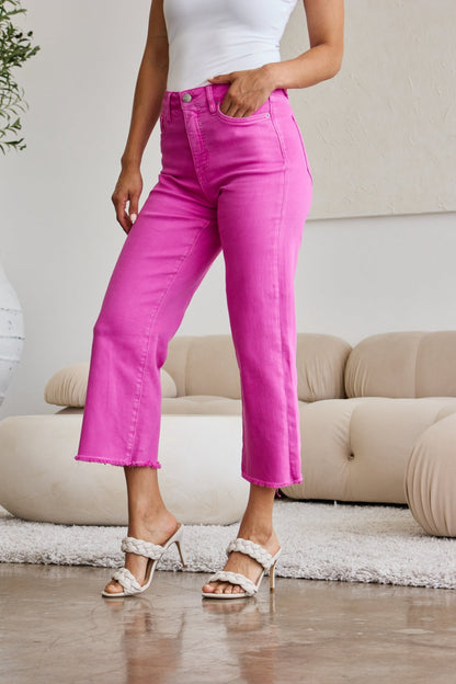 RFM Crop Dylan Full Size Tummy Control High Waist Raw Hem Jeans Pink Rouge by Trendsi | Fleurcouture