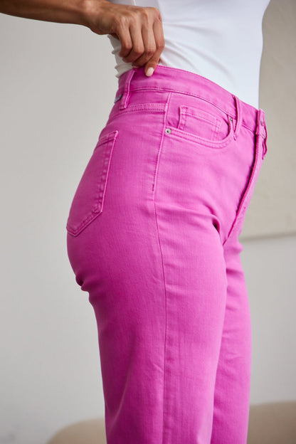 RFM Crop Dylan Full Size Tummy Control High Waist Raw Hem Jeans Pink Rouge by Trendsi | Fleurcouture