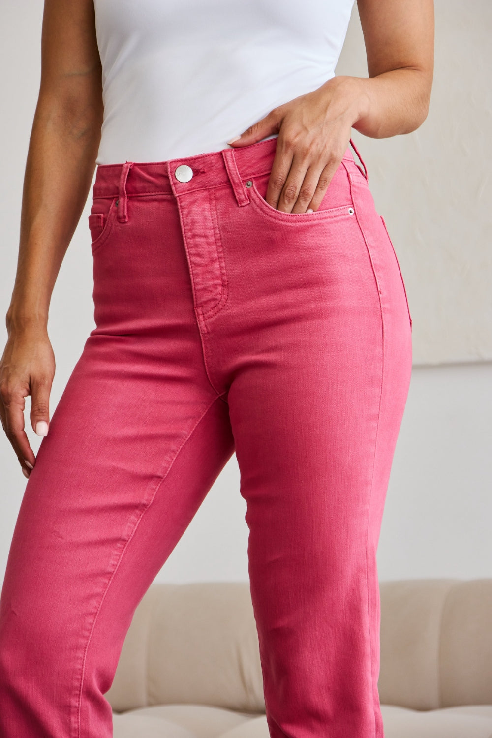 RFM Crop Dylan Full Size Tummy Control High Waist Raw Hem Jeans Sunkissed Jeans by Trendsi | Fleurcouture