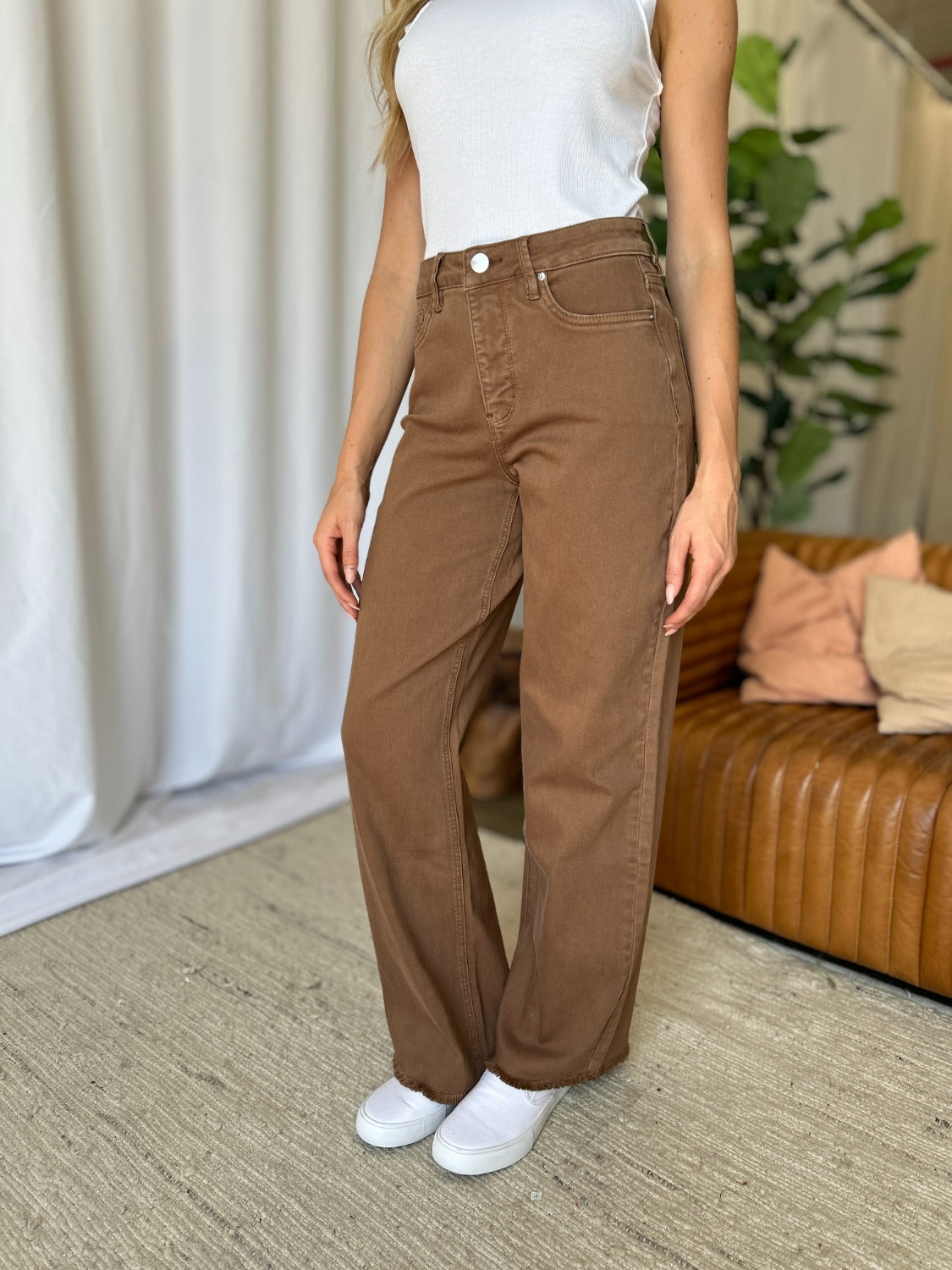 RFM Full Size High Rise Garment Dye Wide Leg Jeans Coffee Women&