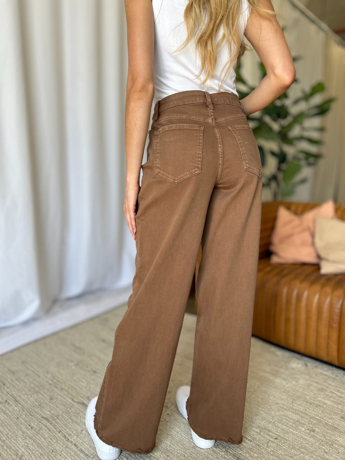 RFM Full Size High Rise Garment Dye Wide Leg Jeans Coffee Women&