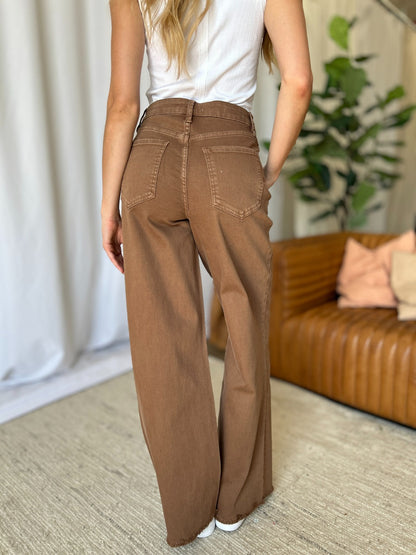 RFM Full Size High Rise Garment Dye Wide Leg Jeans Coffee Women&