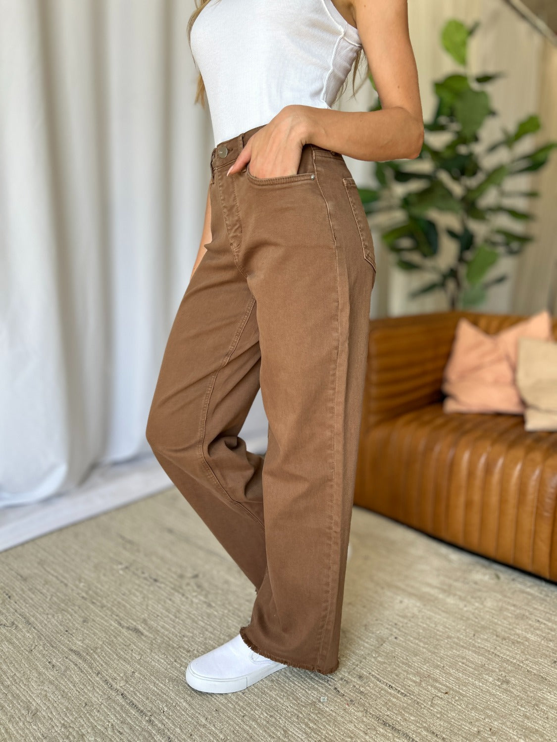 RFM Full Size High Rise Garment Dye Wide Leg Jeans Coffee Women&