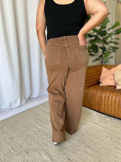 RFM Full Size High Rise Garment Dye Wide Leg Jeans Coffee Women&