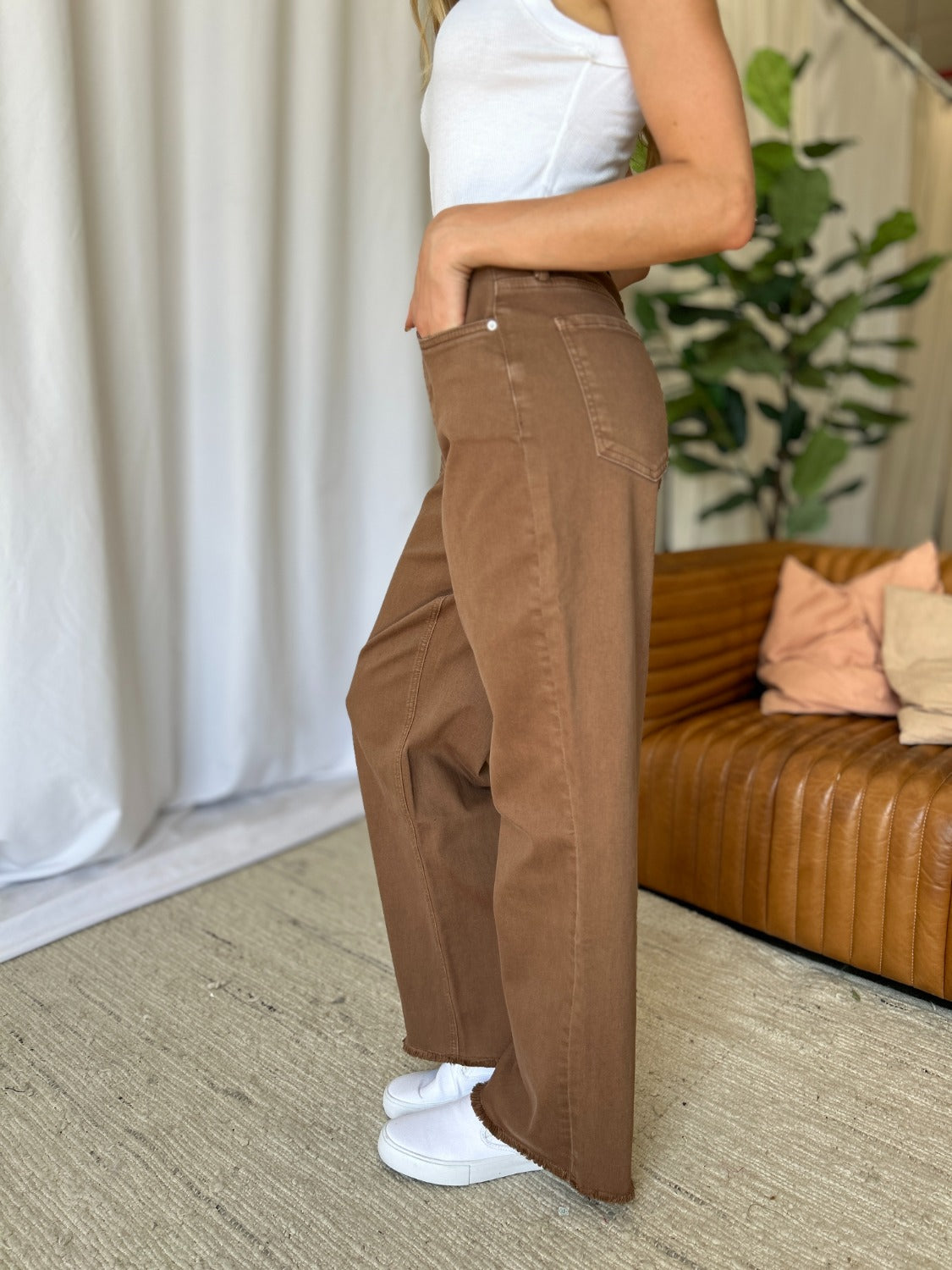 RFM Full Size High Rise Garment Dye Wide Leg Jeans Coffee Women&