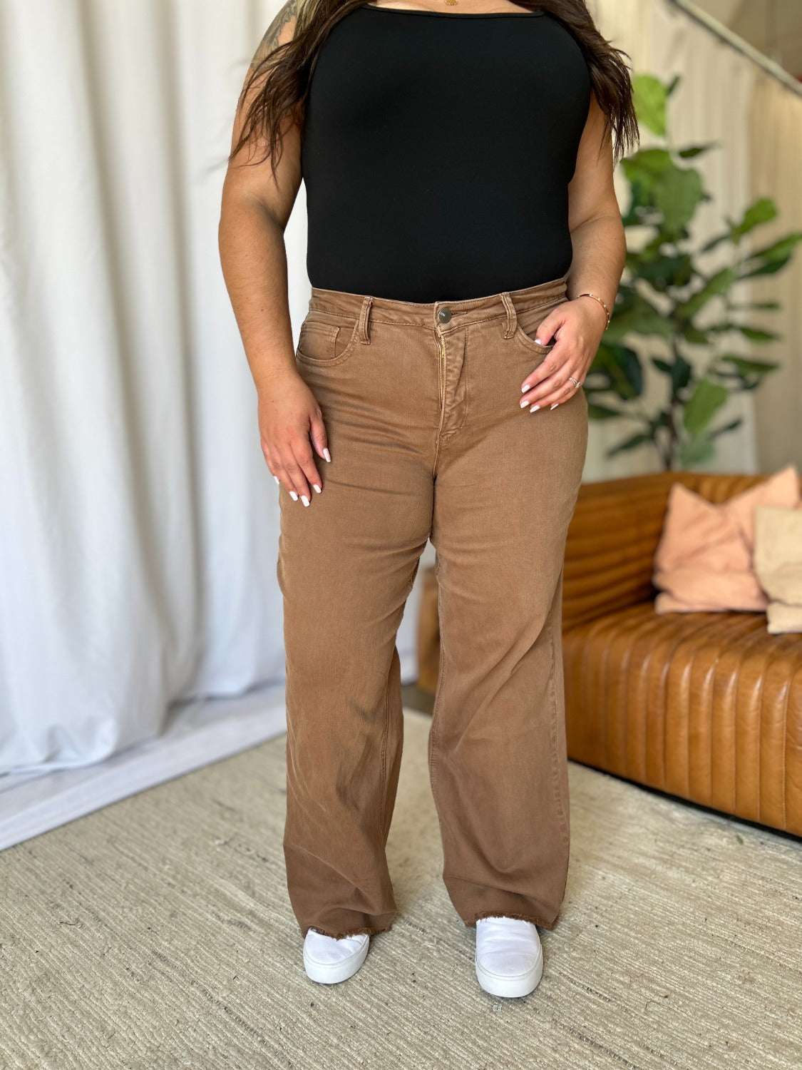 RFM Full Size High Rise Garment Dye Wide Leg Jeans Coffee Women&