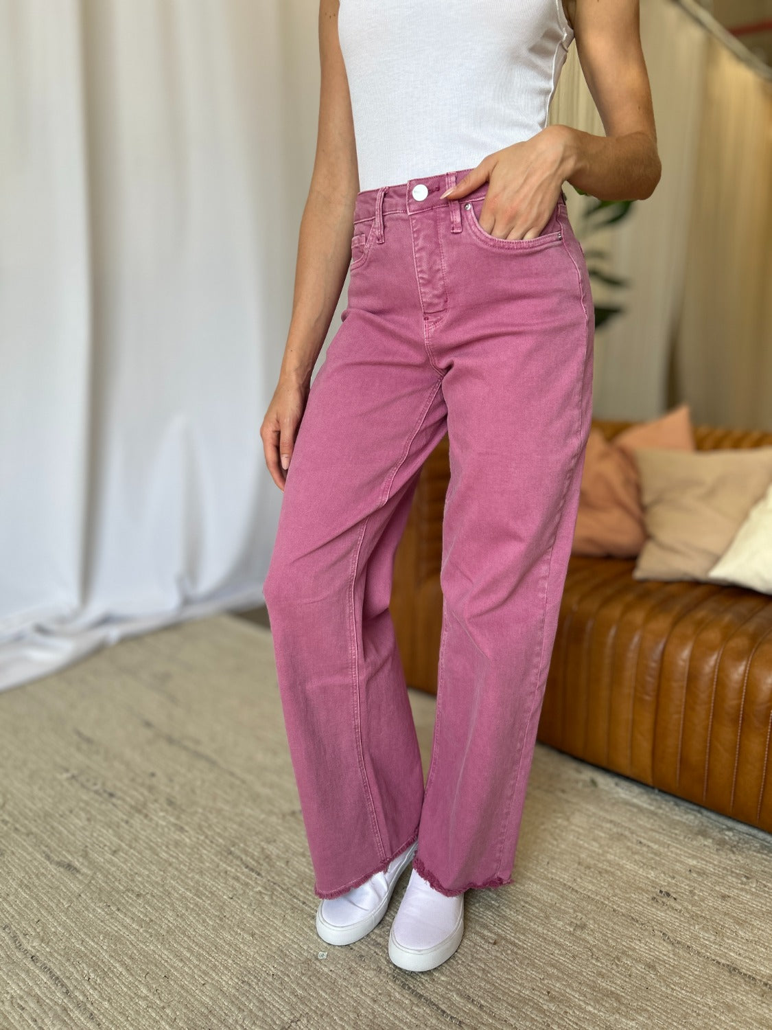 RFM Full Size High Rise Garment Dye Wide Leg Jeans French Rose Women&