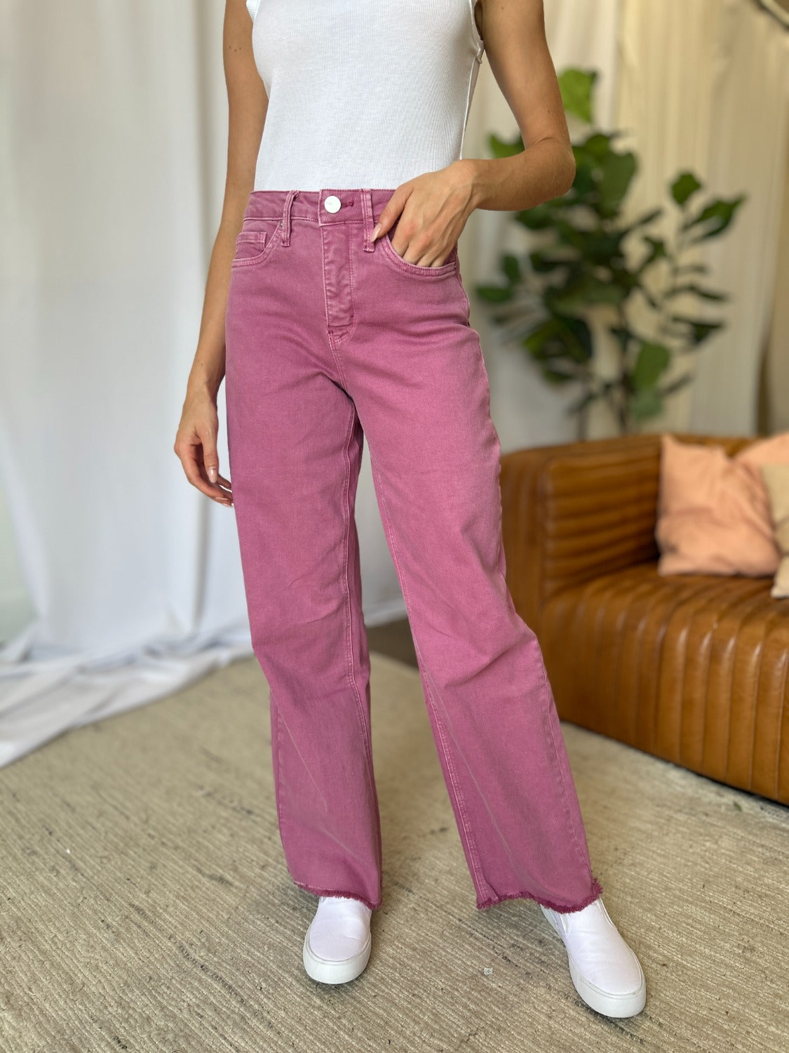 RFM Full Size High Rise Garment Dye Wide Leg Jeans French Rose Women&