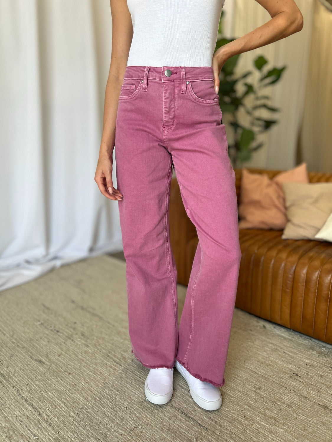 RFM Full Size High Rise Garment Dye Wide Leg Jeans French Rose Women&