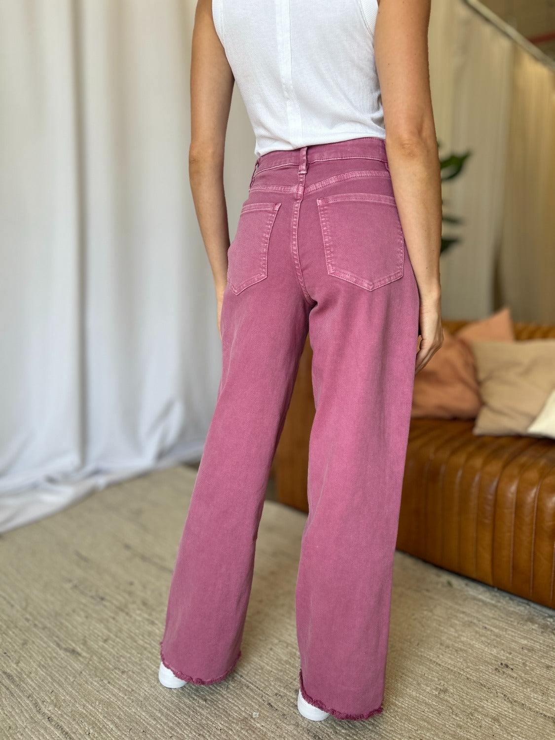 RFM Full Size High Rise Garment Dye Wide Leg Jeans French Rose Women&