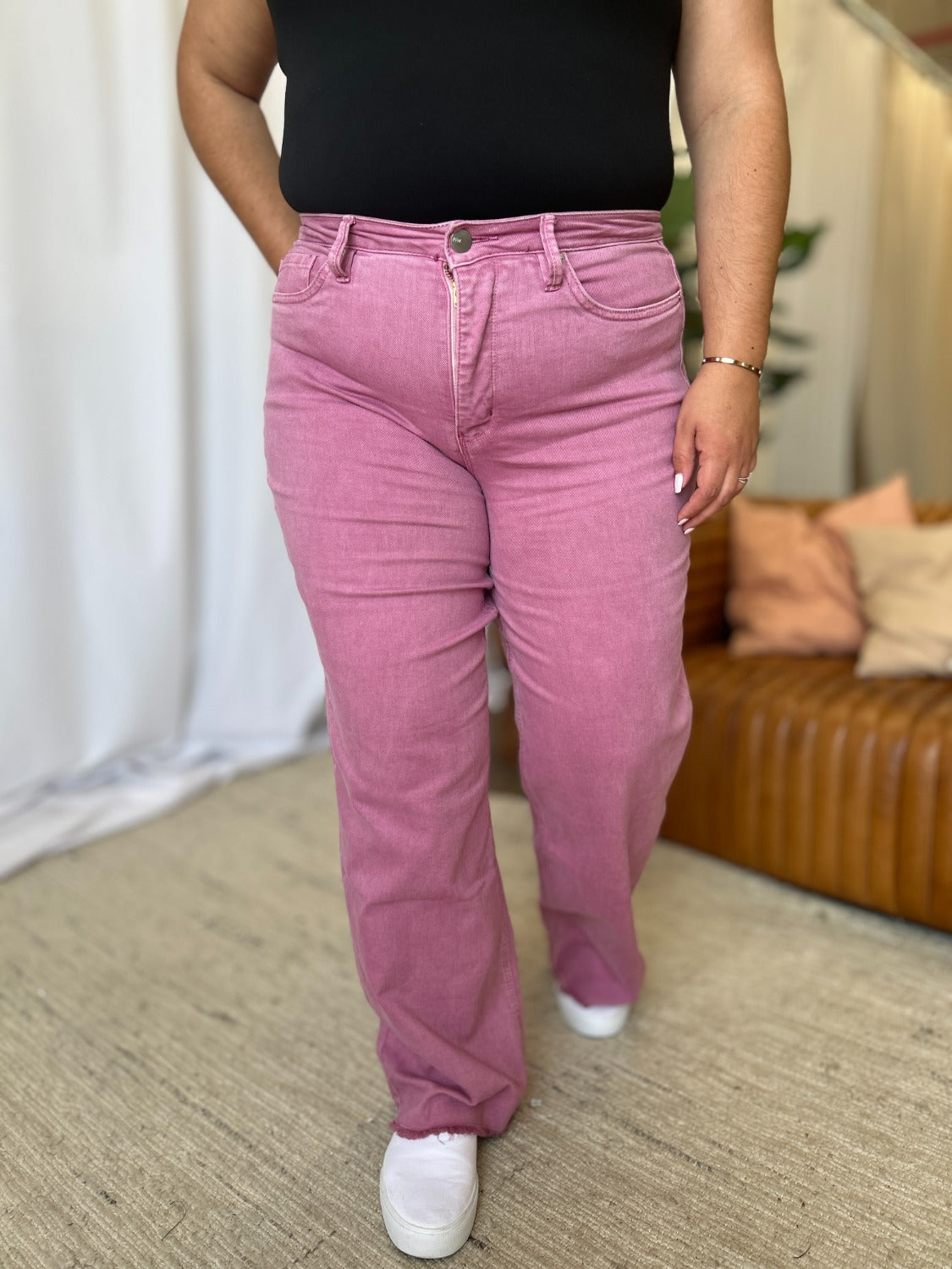 RFM Full Size High Rise Garment Dye Wide Leg Jeans French Rose Women&