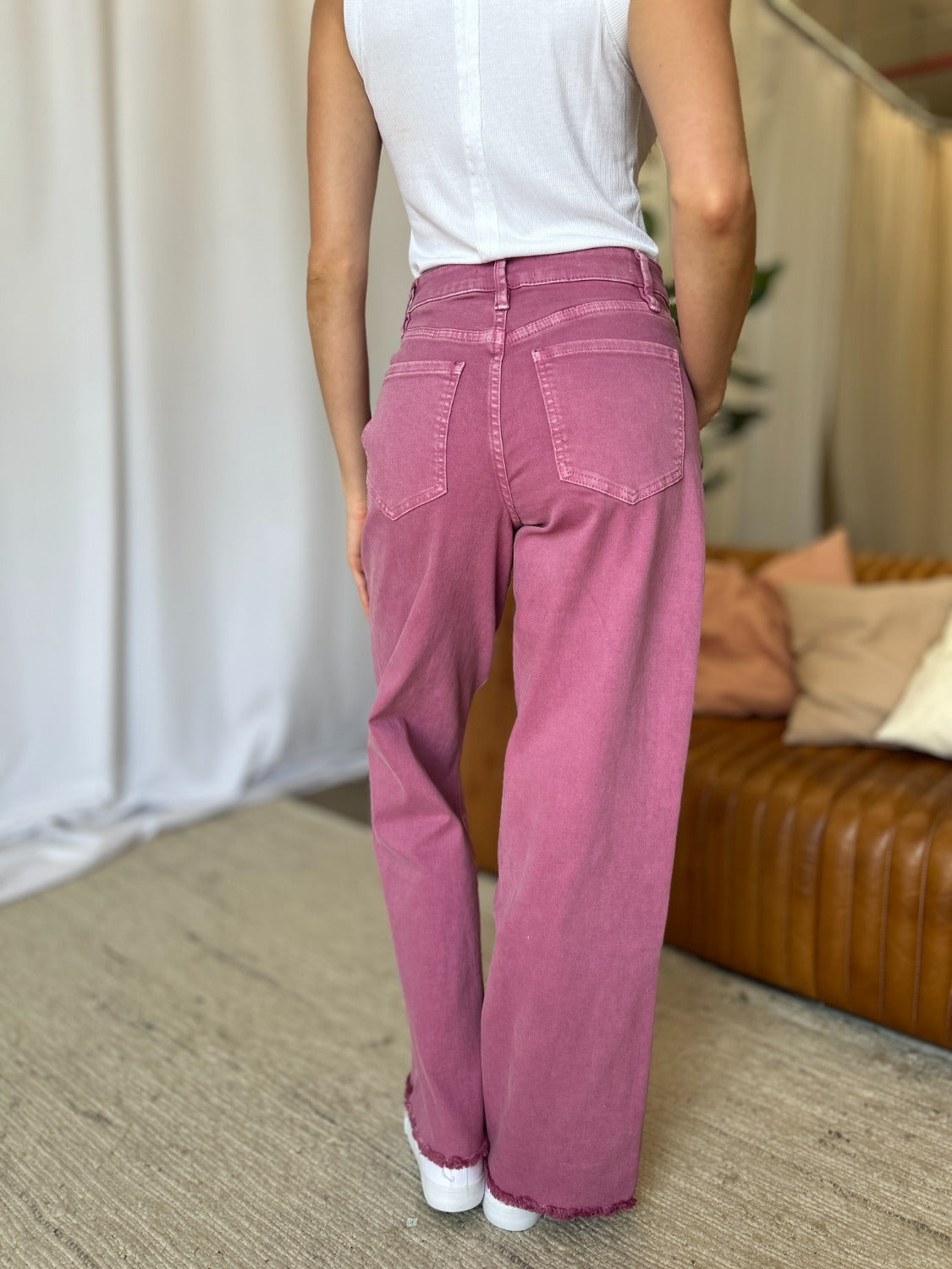 RFM Full Size High Rise Garment Dye Wide Leg Jeans French Rose Women&