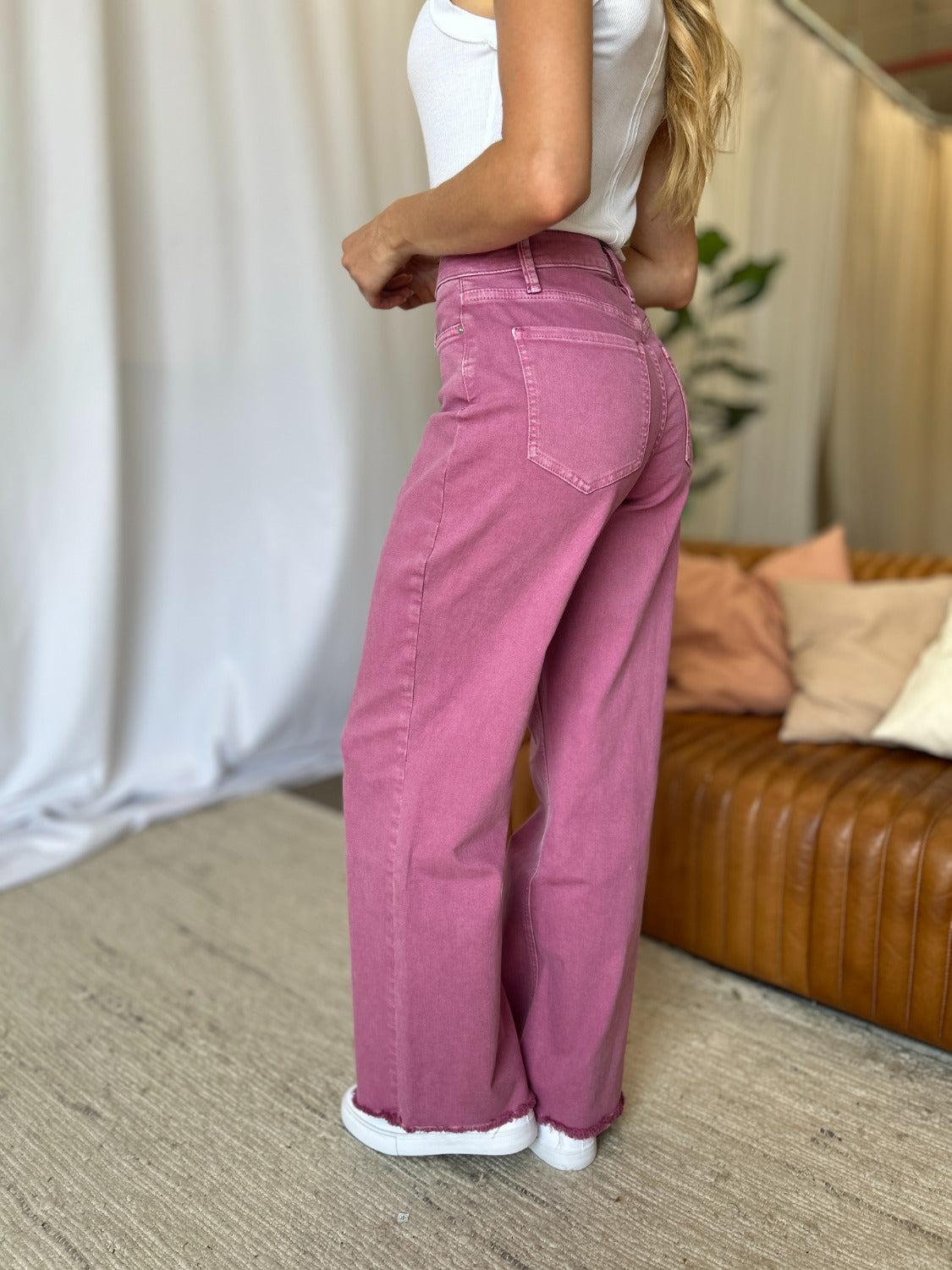 RFM Full Size High Rise Garment Dye Wide Leg Jeans French Rose Women&