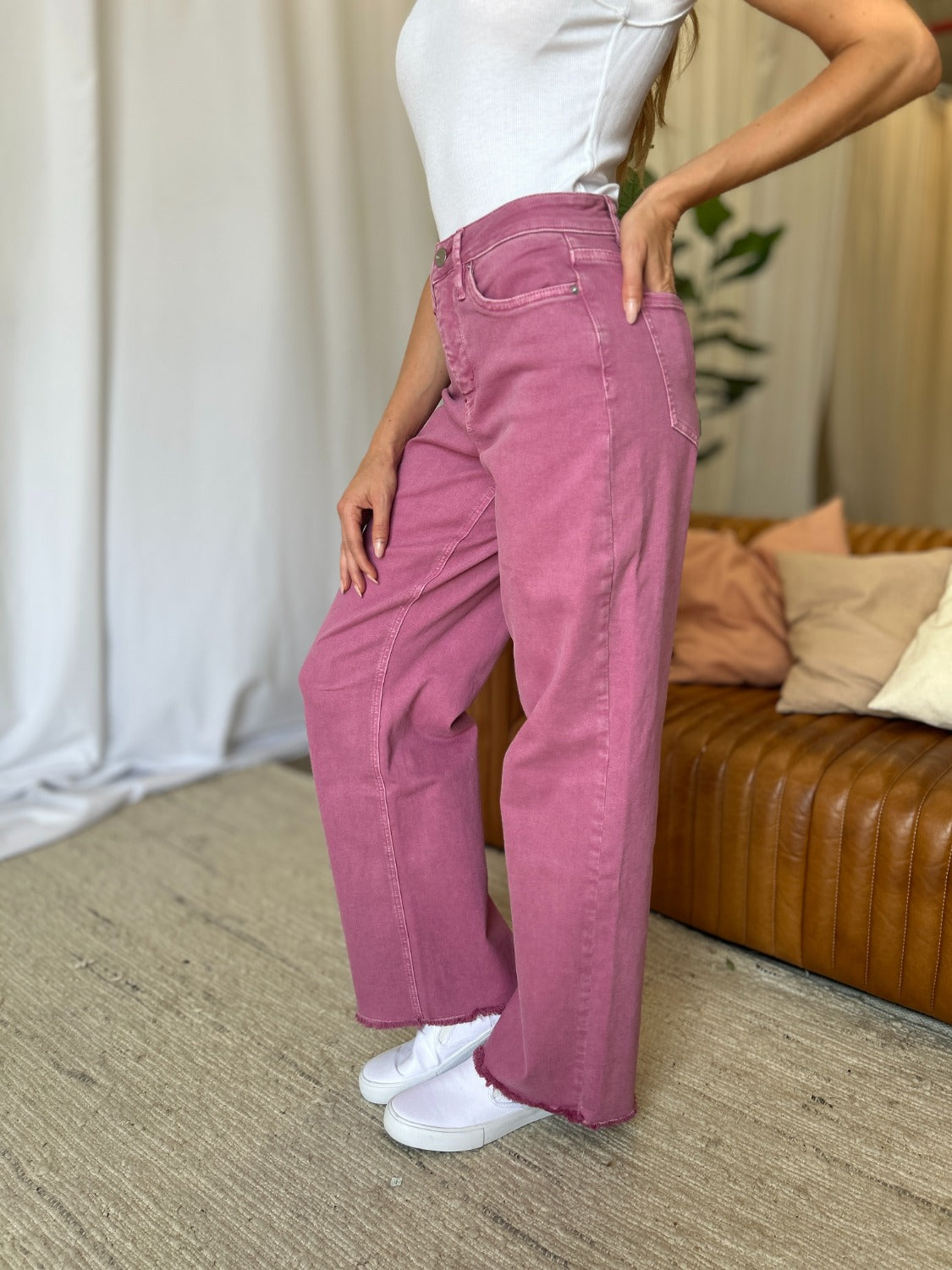 RFM Full Size High Rise Garment Dye Wide Leg Jeans French Rose Women&