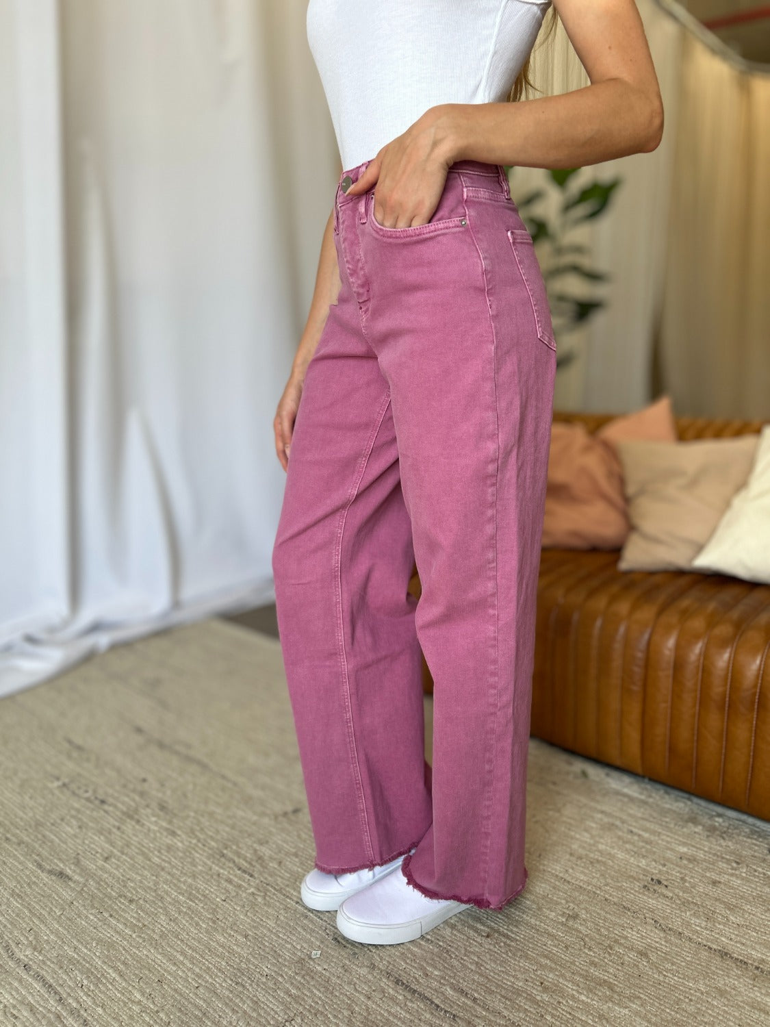 RFM Full Size High Rise Garment Dye Wide Leg Jeans French Rose Women&