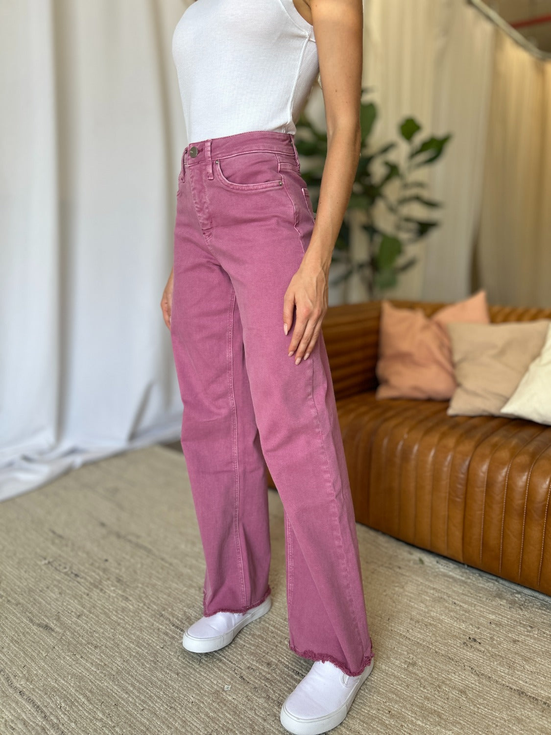 RFM Full Size High Rise Garment Dye Wide Leg Jeans French Rose Women&