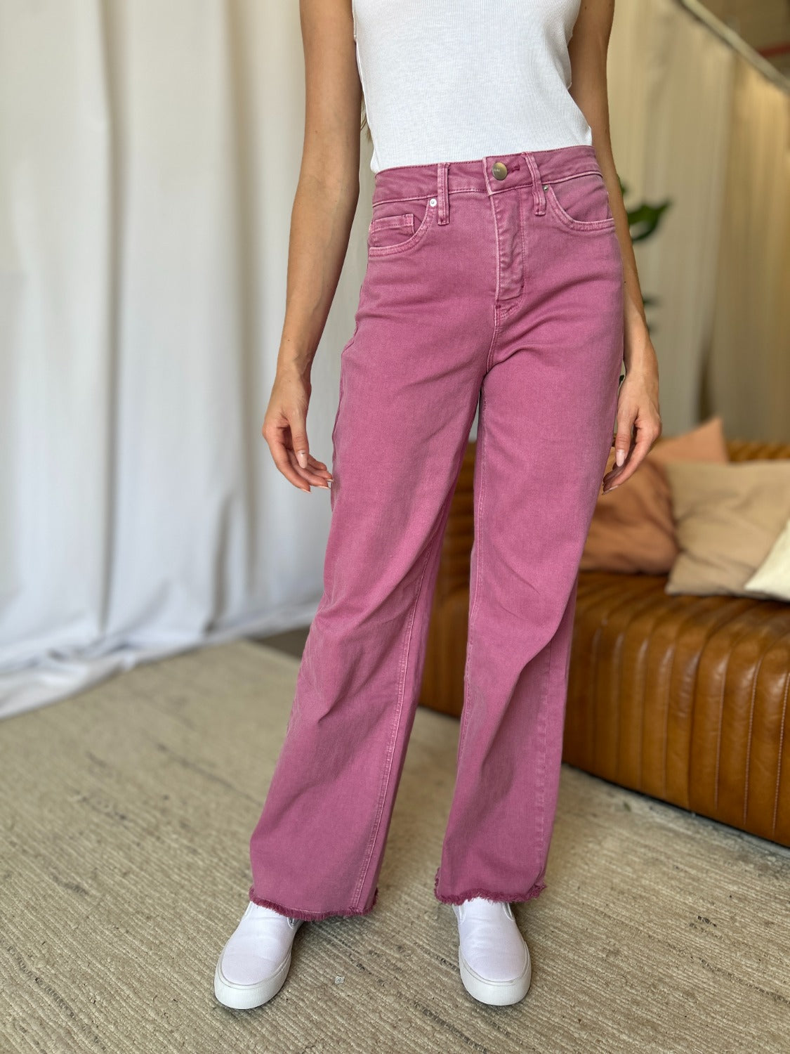 RFM Full Size High Rise Garment Dye Wide Leg Jeans French Rose Women&