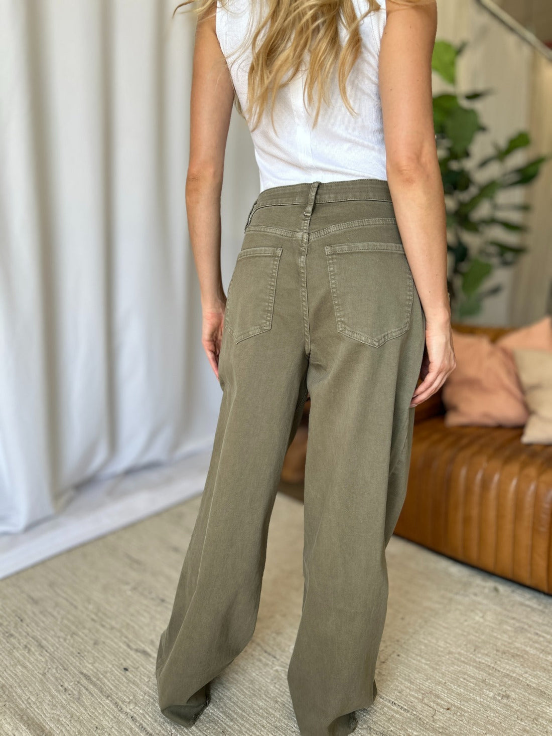 RFM Full Size High Rise Garment Dye Wide Leg Jeans Sage Women&